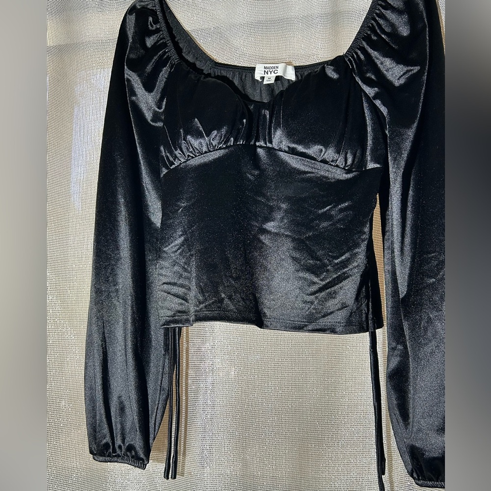 NYC Black Satin Puff Sleeve Blouse